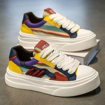 Men Color Lace-up Skateboard Shoes Summer New Breathable Thick Soled Casual Shoes Outdoor Comfortable Soft Walking Footwear
