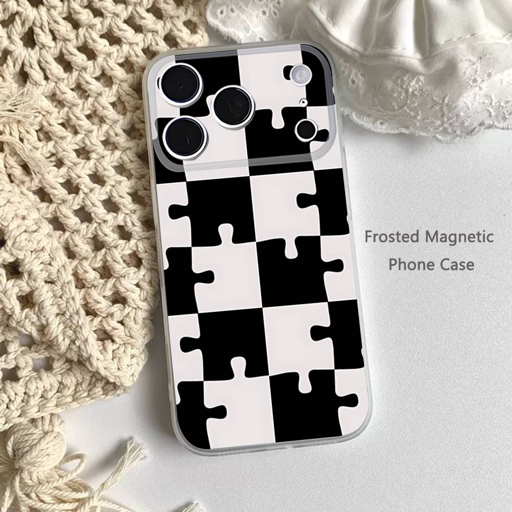 Black White Checkered Phone Case For iPhone 17,16,15,14,13,12,11 Pro,Max,Plus,Mini,Air,E Magnetic Frosted Clear