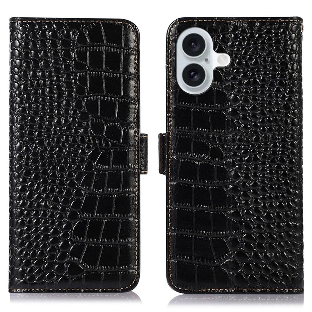 For iPhone 16 Plus Wallet Case RFID Blocking Genuine Cow Leather Phone Cover