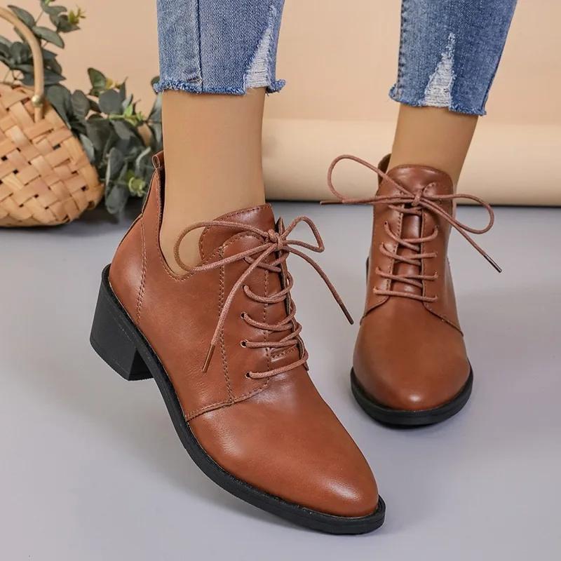 

Модная женская обувь 2024 года, новые женские туфли-лодочки на шнуровке, осенние туфли с острым носком, однотонные, повседневные туфли на толстом каблуке, туфли больших размеров Zapatos De Mujer 38 коричневый