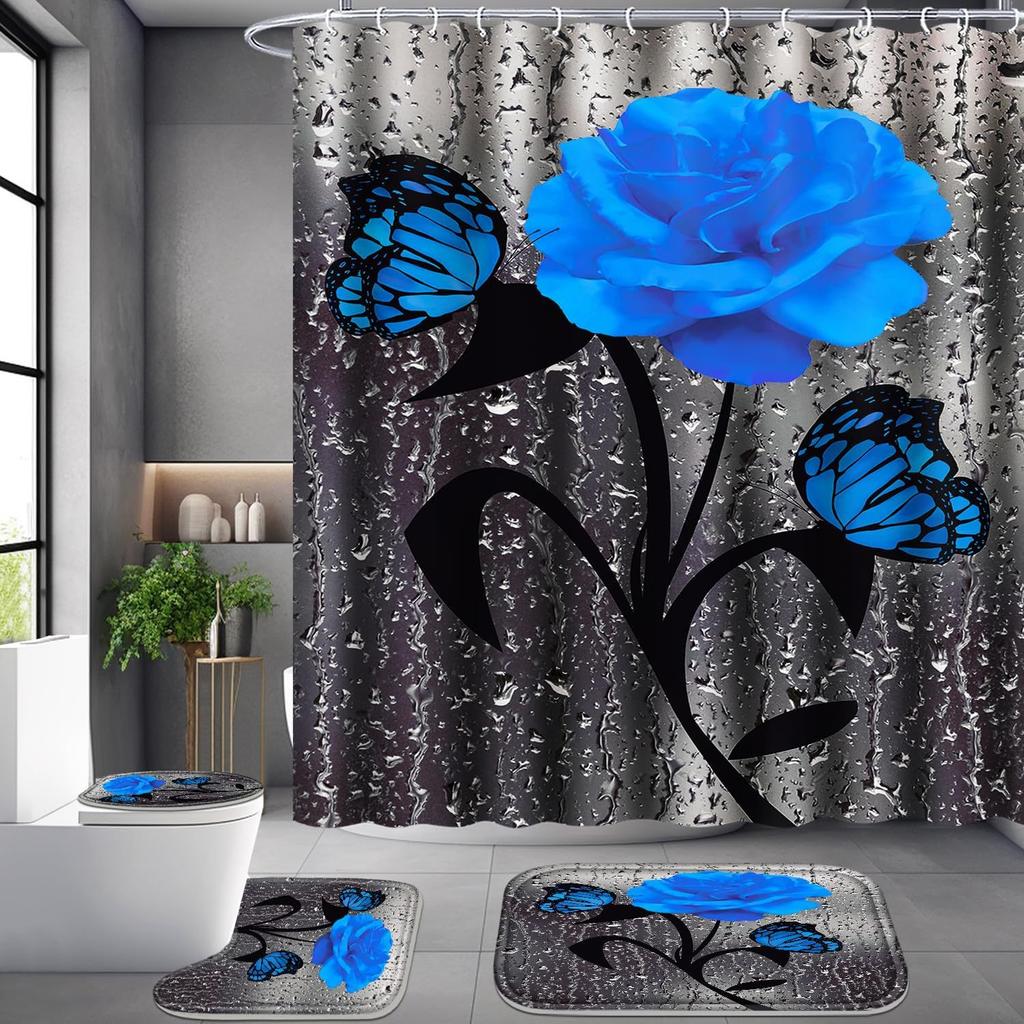 Elegant Blue Floral Shower Curtain Set Bathtub Curtains Non-Slip Carpet Bath Mat Toilet Cover Bathroom Set Decoration Without
