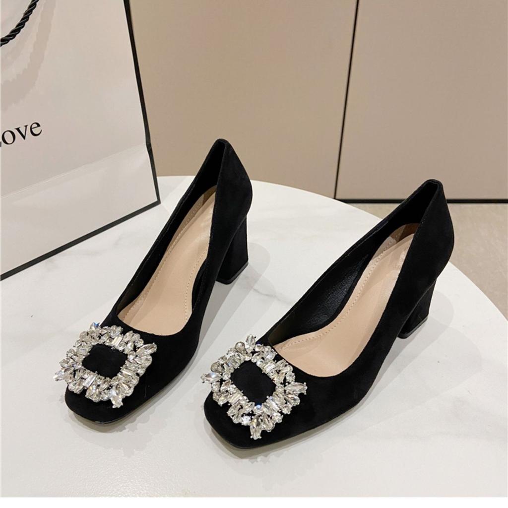 French Rhinestone Square Head Thick Heel Single Shoes Women's 2025 Spring and Autumn New Fashion Versatile Soft Leather Shallow Mouth Temperament Mid