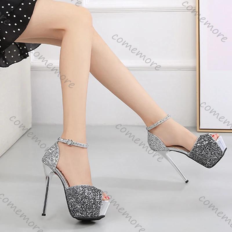 Fashion Comemore Summer Women Peep Toe Sandals Gradient Color Platform Bling Sequin High Heels 14CM Stiletto Nightclub Pole Dancing Shoe