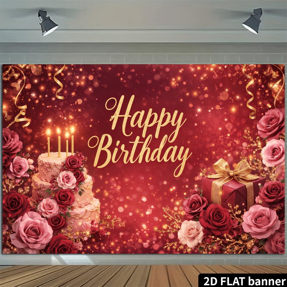 2D plane, 1 birthday party banner background, red and gold shining birthday theme, rose-decorated multi-layer birthday cake