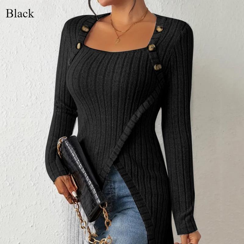 Autumn and Winter New Women's Long Sleeve Solid Color Irregular Square Collar Slim T-shirt Top Black Casual Temperament Will Knit