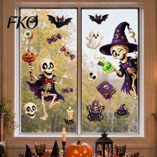 Indoor Outdoor Halloween Stickers 2 Sheets Window Clings, Cartoon Skeleton Static Stickers, Funny Classic Pattern Ghosts Bats Pumpkins for Glass Doors