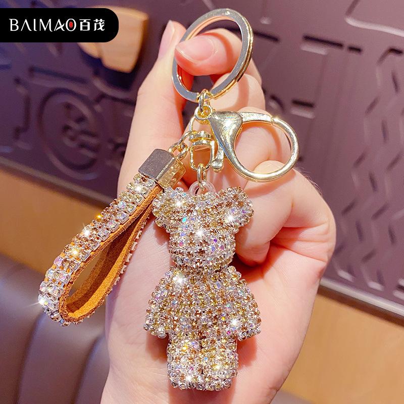 Cute Rhinestones Tassel Bear Keychain Couple Keychain Girl Decoration Small Pendant Car Key Ring Student Bag Pendant