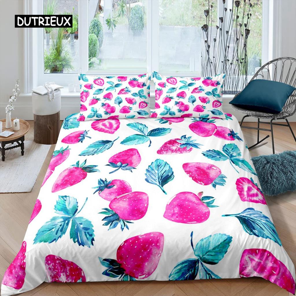 Sada povlaku na přikrývku Jahoda Dívka Velikost King Sada povlaku na přikrývku Červená Jahoda Ložní souprava Jídlo Ovoce Povlak na přikrývku pro děti Dárek