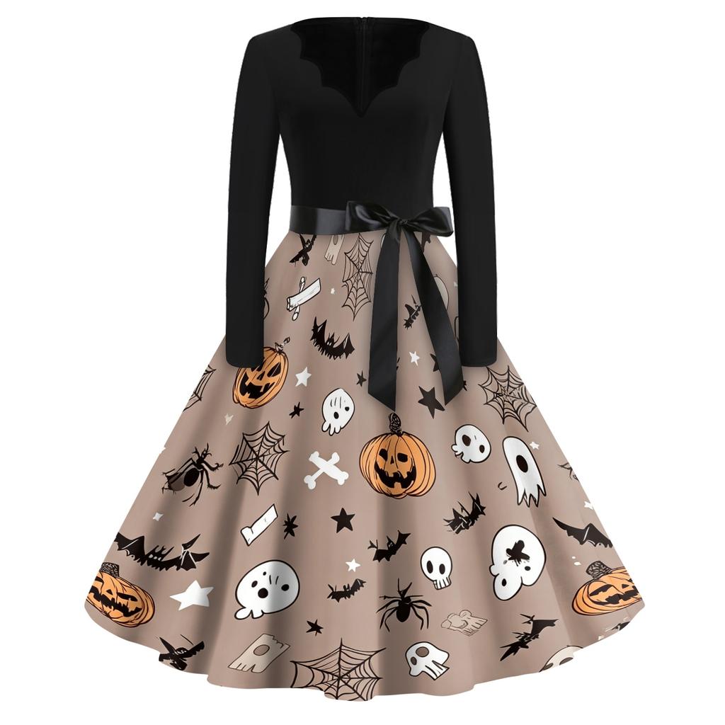 Women's Casual Vintage V Neck Dress Halloween Printed Long Sleeve Retro Style Pumpkin Bat Pattern Full Skirt Dress with Waist Tie