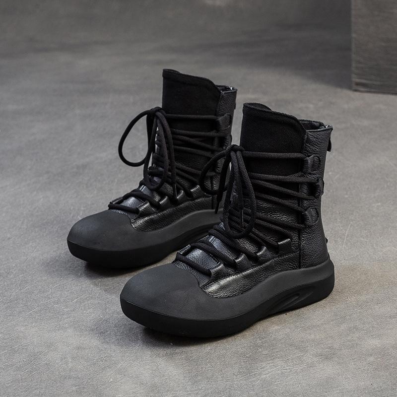 Johnature Botas retrô de cano médio com sola grossa e couro legítimo com cadarço, sapatos femininos