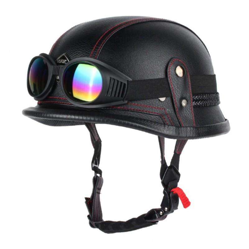 Motorcycle Half-helmet Retro German Handmade Leather Half-face Quick-release Buckle With Goggles