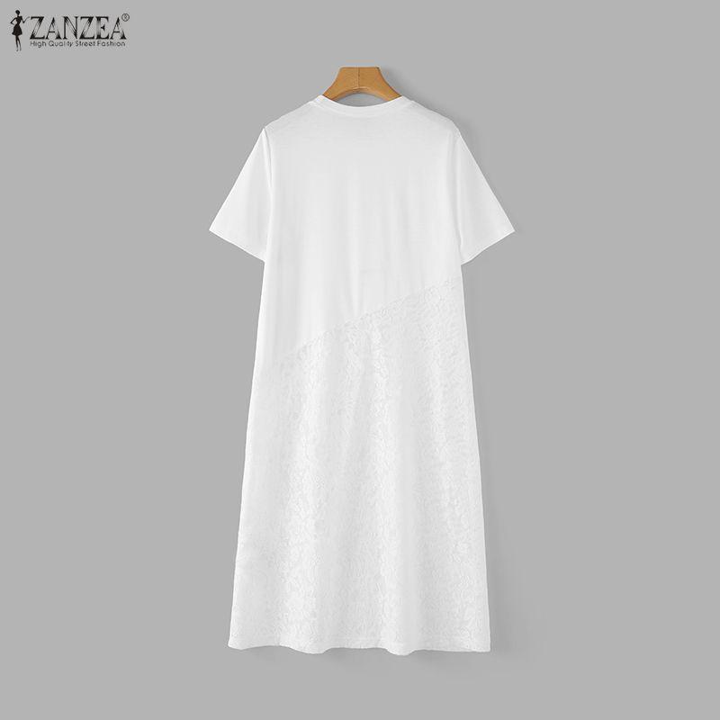 ZANZEA T-shirt Lunghe Casual da Donna Estive con Maniche Corte e Girocollo, Cuciture in Pizzo Irregolare