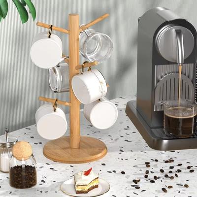 6 Hooks Bamboo Coffee Cup Holder Thickened Base Wood Material Coffee Cup Rack Sturdy Design Tree Shape Drinkware Shelf Cafe Use
