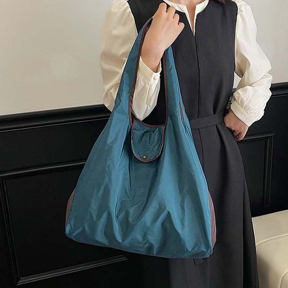 Large Capacity Foldable Shopping Pouch Multi-functional Contrast Color Shoulder Bag Supermarket