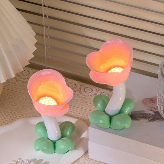 Yousheng Tulip LED Night Light Creative Floral Bedside Lamp Warm Yellow Glow Bedroom Lamp Battery-Powered Table Lamp