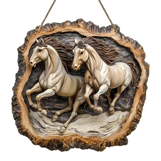 Ornament din lemn plat 2D cu animal, rustic, cal, pasăre în copac, semn de bun venit pentru intrarea casei de fermă, terasă, living, decor birou