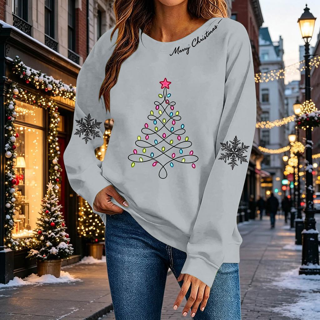 Women's Stylish Casual Christmas Print Pullover Sweatshirt for Holiday Party and Everyday Wear