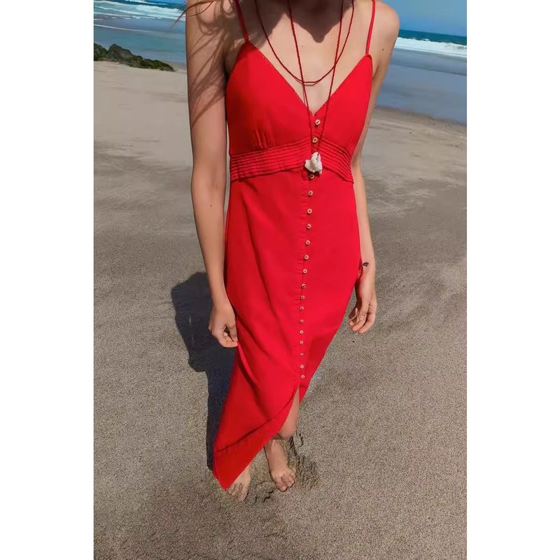 Spring New Arrival V-neck Lace Design Decorated Row Button Linen Blended Sling Midi Skirt Dress 7964709