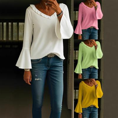 Damen Frühling Herbst Glockenärmel Rüschen V-Ausschnitt Locker Einfarbig Pullover T-Shirt Bluse Top