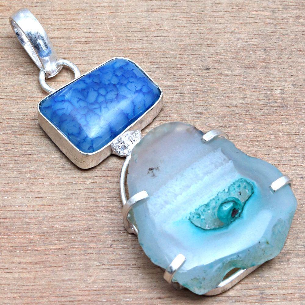 Pendant Blue Sunshine Drusy Gemstone Handmade Silver Jewelry 2.5"