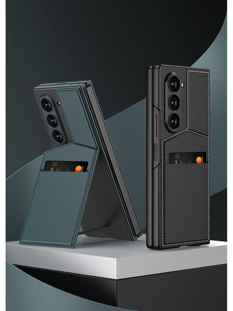 Samsung Z Fold 6 Card Holder Stand Case - Premium Leather with Film Integrated Protection