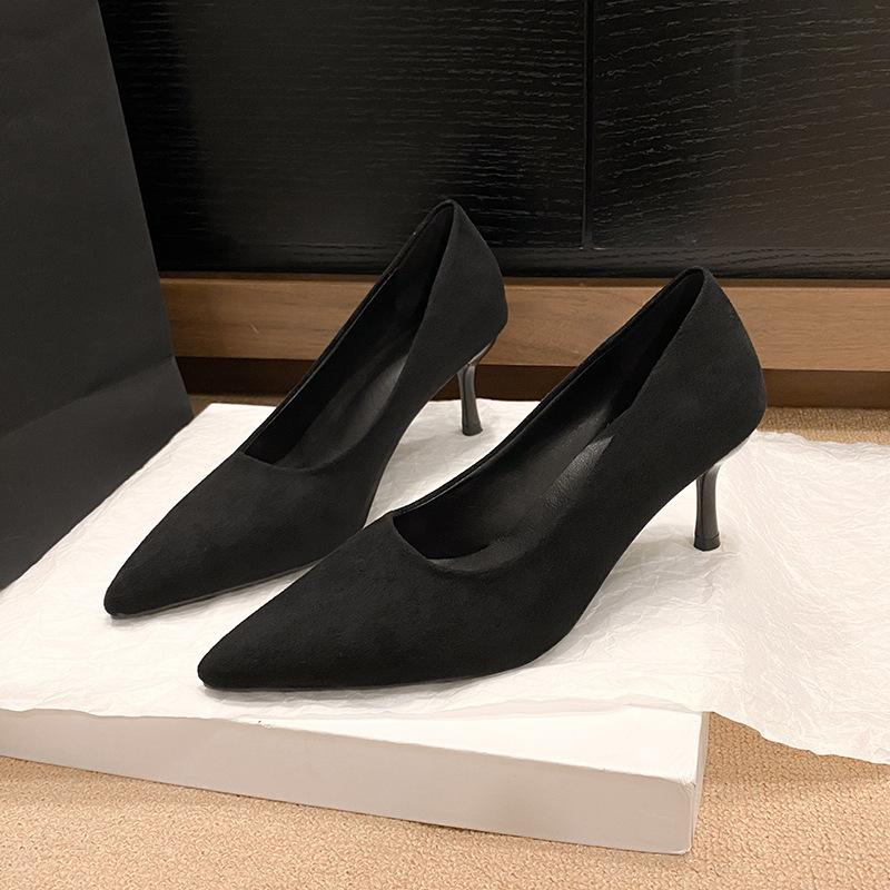 Work Women's Shoes 2025 Pointed Women's Single Shoes New Suede Light Mouth Fashion High Heels Stiletto Fabric