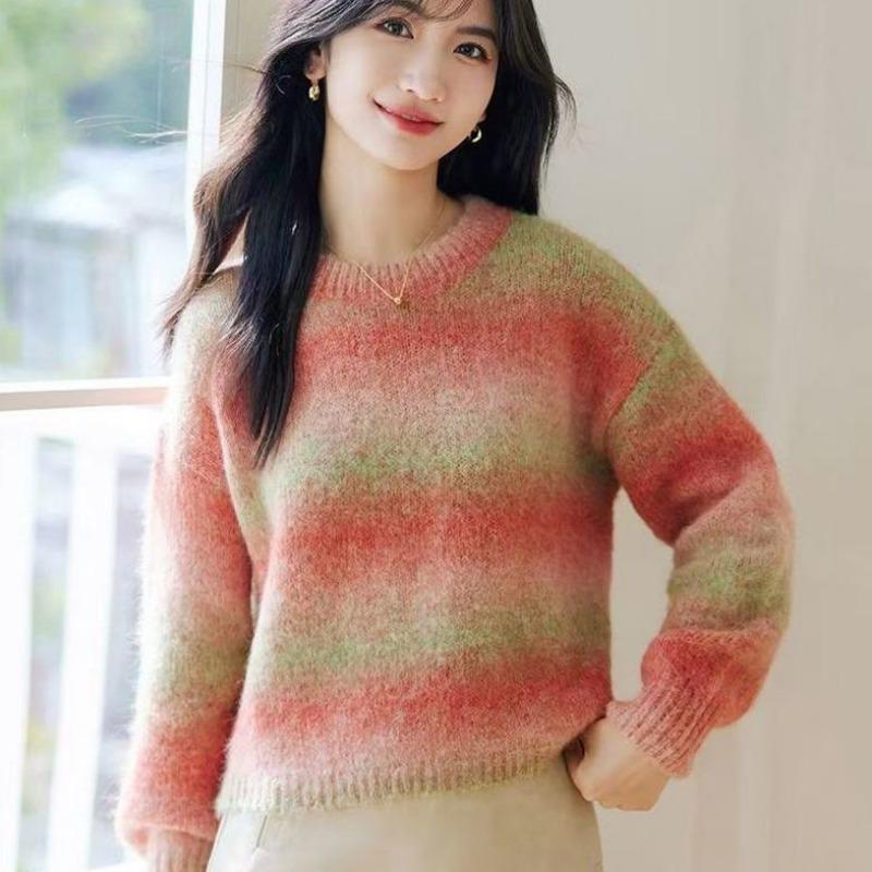 

Gradient Color Foreign Style Loose Lazy Style Soft Waxy Pullover Sweater Women Autumn Winter Round Neck Casual Top S рожевий