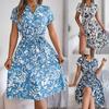 Elegant Dame Blomstret Print Retro Kjole Forår Sommer V-hals Kort Ærme Afslappet Kjole Bælte Talje Bohemian Strandkjole Vestidos