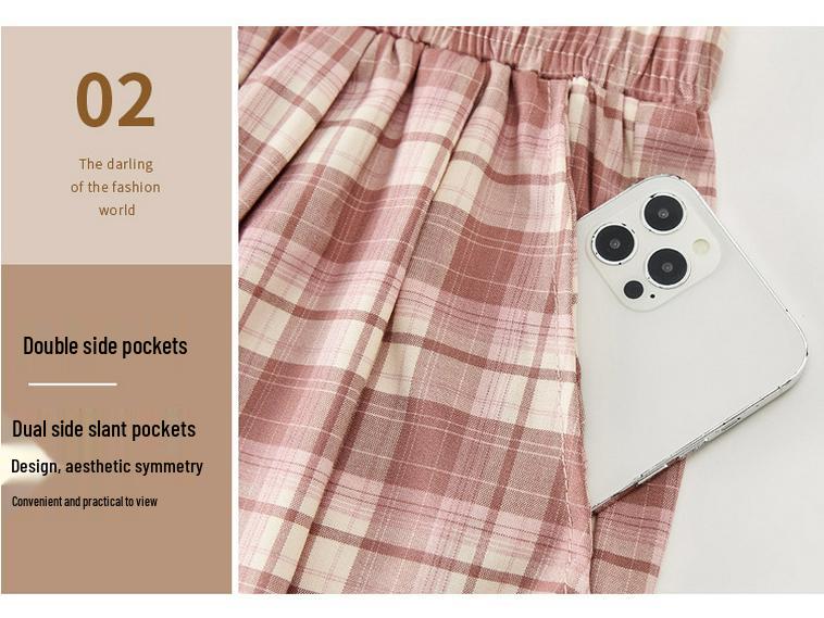 Karierte High-Waist Weitbeinige Freizeithose für Damen mit Spitzenbesatz