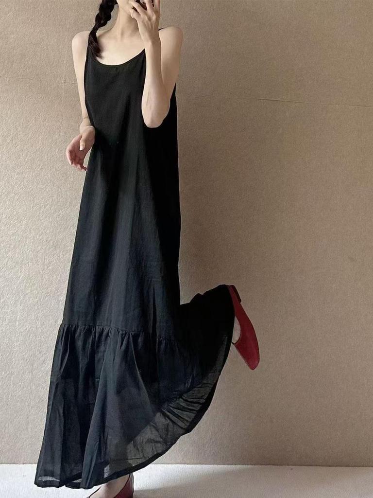 Bomull Linne Vit Vardaglig Lapptäcke Axelband Klänning Sommar Elegant Ny Stil Lös Mode Lång Klänning