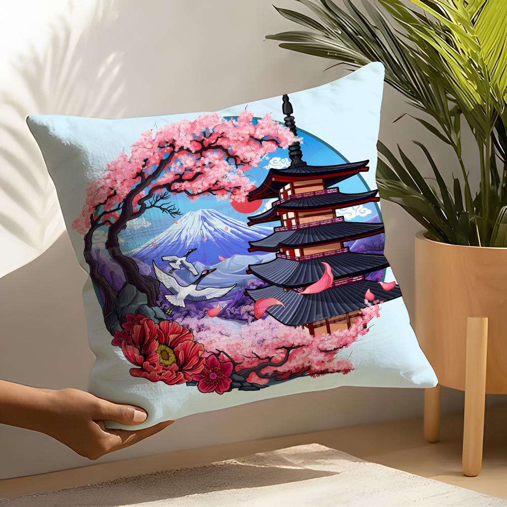 Retro Japanese Pagoda Landscape 1 Pillow Case Linen Cushion Covers For Decorative Sofa Home Pillows Case Car Chair Pillows Cases