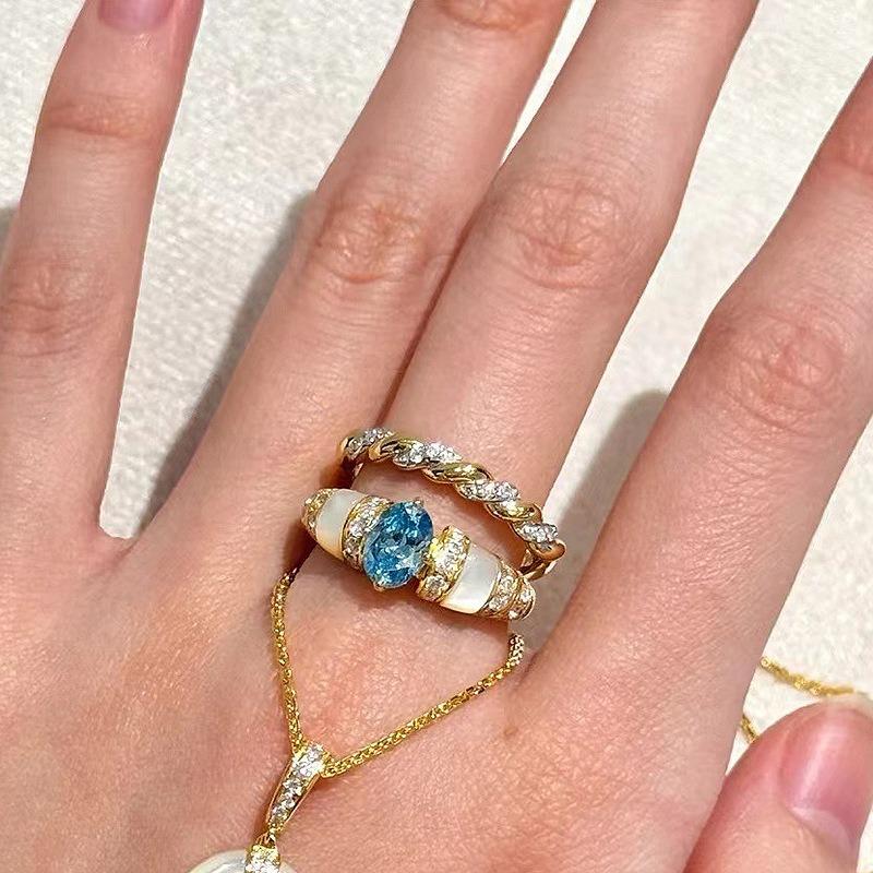 Stile palazzo retrò Nuovo anello con zircone blu lusso squisito anelli in madreperla per donne festa matrimonio