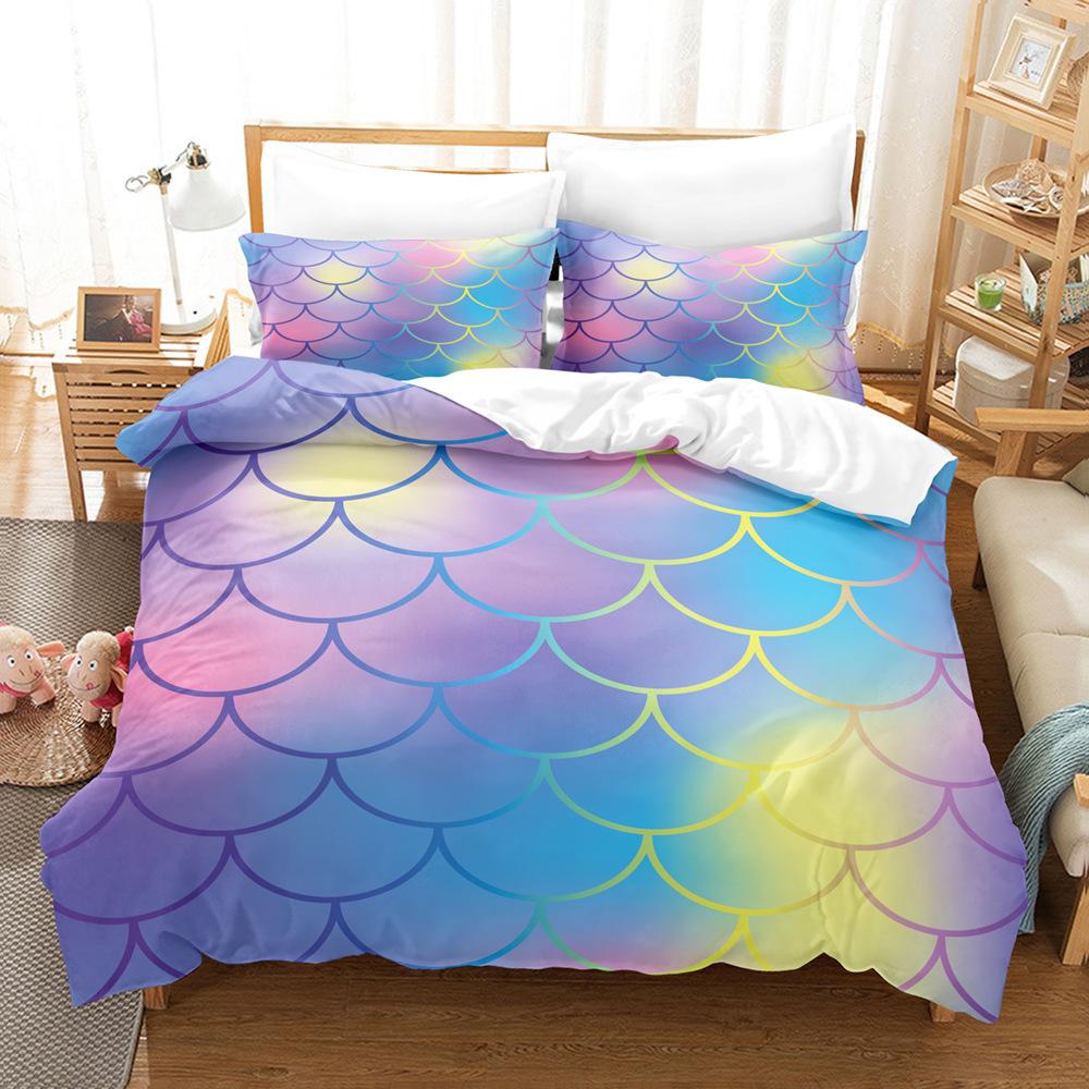 Laser Gradual Change Fish Scale 3D Digital Printing Three-Piece Set, Quilt Cover Pillowcase Home Textile Bed Sheet Kit