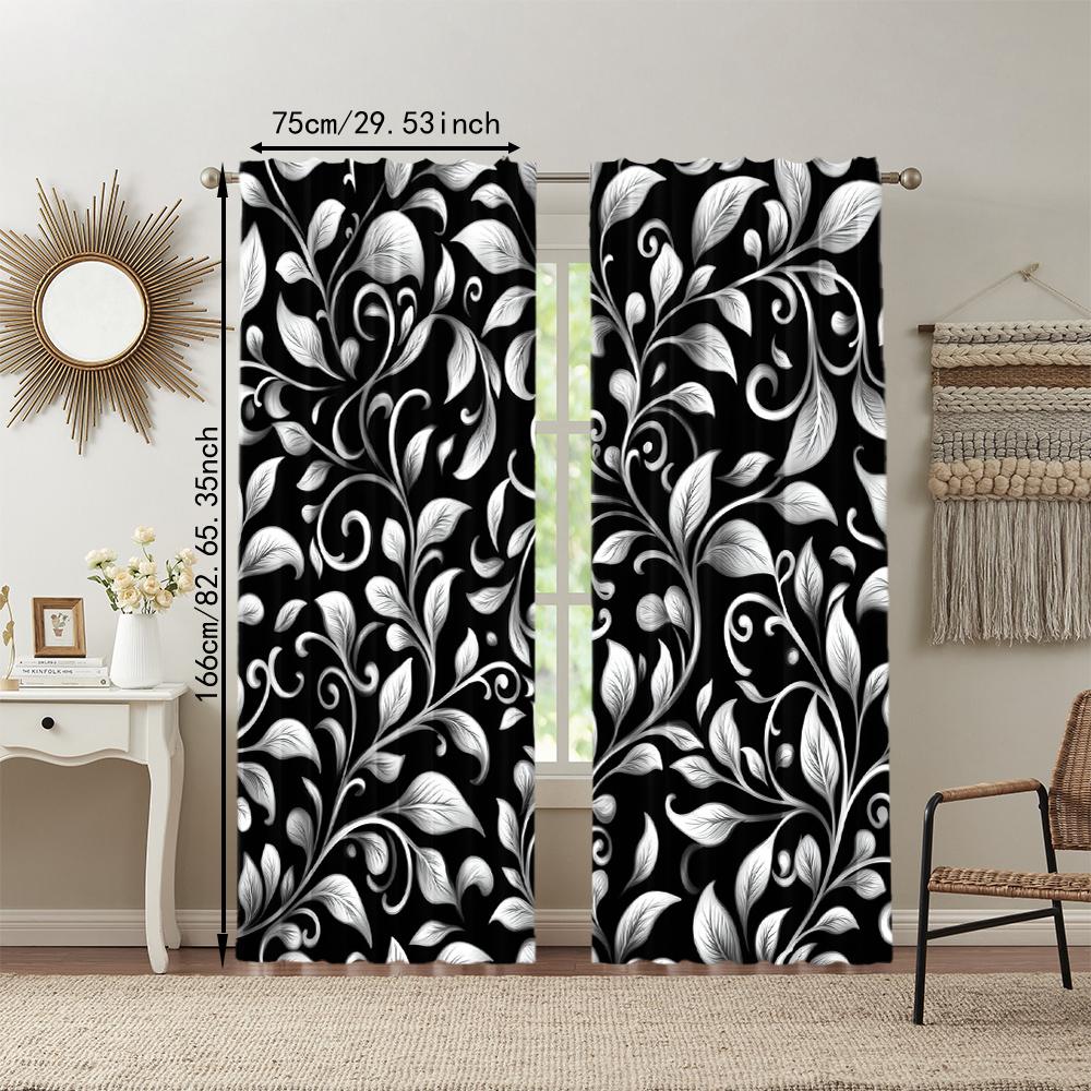 Versatile Polyester Transparent Curtains Home Decoration Black White Leaf Use Bedrooms Living Rooms Set Of 2 Made Area Decor