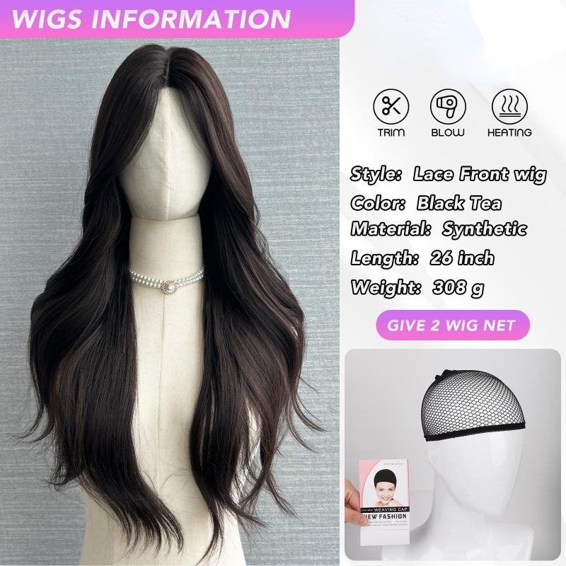 26 Inch Brown Front Lace Wigs Curly Wigs Fiber Synthetic Heat-resistant Natural Smooth Realistic Wigs Party For Women Korean Fashion