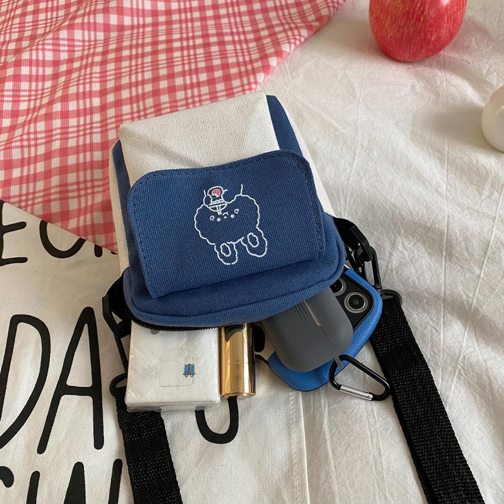 Canvas Women's Phone Bag Cartoon Printed Shoulder Messenger Bag Hit Color Flap Purse Casual Handbag Female Shopping Bag