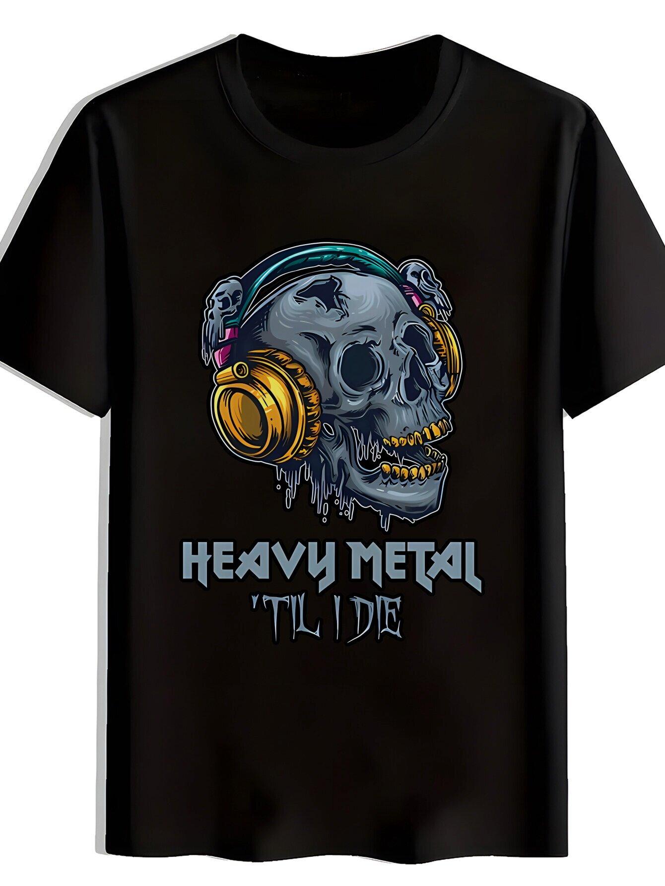 

Heavy Metal Graphic T-shirt - Skull with Headphones & HEAVY METAL TIL I DIE Print - 100% Polyester Lightweight Summer Tee XXXL