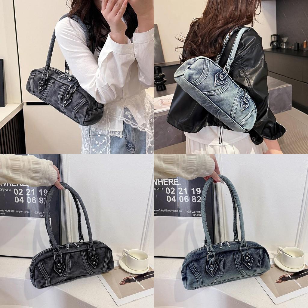 Denim Baguette Shoulder Bag For Women With Vintage Style And Zipper Closure For Daily Use