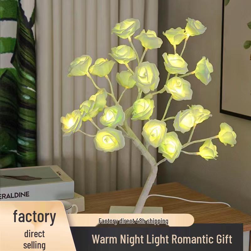 Romantic LED Rose Flower Night Light - USB & Battery Powered Colorful Decorative Tree Branch Desk Lamp.