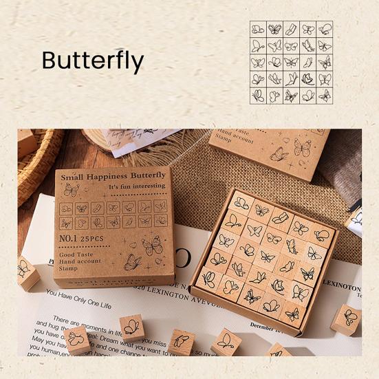 25Pcs/Set Wood Rubber Stamps Botanical Butterflies Decorative Wooden Stamps Clouds Stamps for Diaries Journals Scrapbooks Cards DIY Crafts