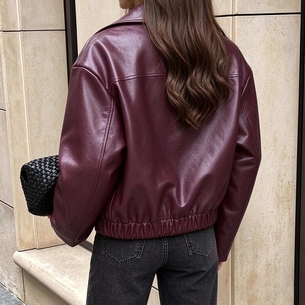 Women's Lapel Zip-Up Motorcycle Jacket, Loose Fit Leather Outerwear for Casual Wear