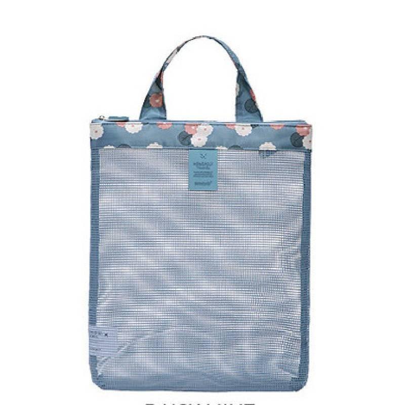 Zomerse strandtas met mesh opbergruimte, reistas van Oxford-stof, multifunctioneel, modern, minimalistisch, blauw met bloemenprint