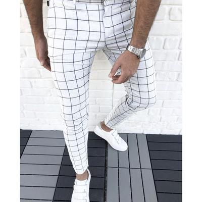 Fashion Men Casual Slim Fit Plaid Print Zipper Long Pants Trousers