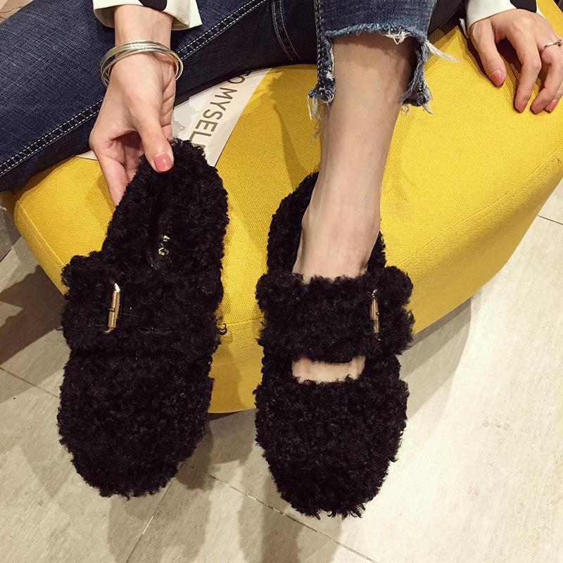 Fashion Celebrity Curly lamb wool flats woman metal buckle band furry mary janes ladies winter shoes plush loafers sheep fur moccasins