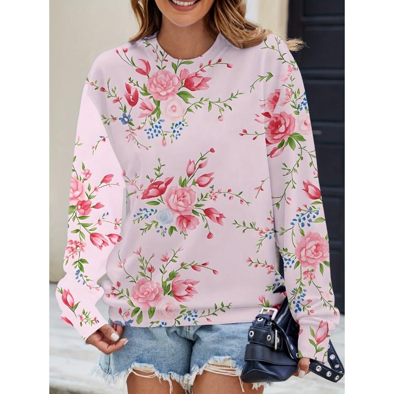 Neues Damen Buntes Schillerndes Blumenmuster Rundhals Sweatshirt Leicht Bequem Lässig Locker Übergröße Langärmliger Pullover
