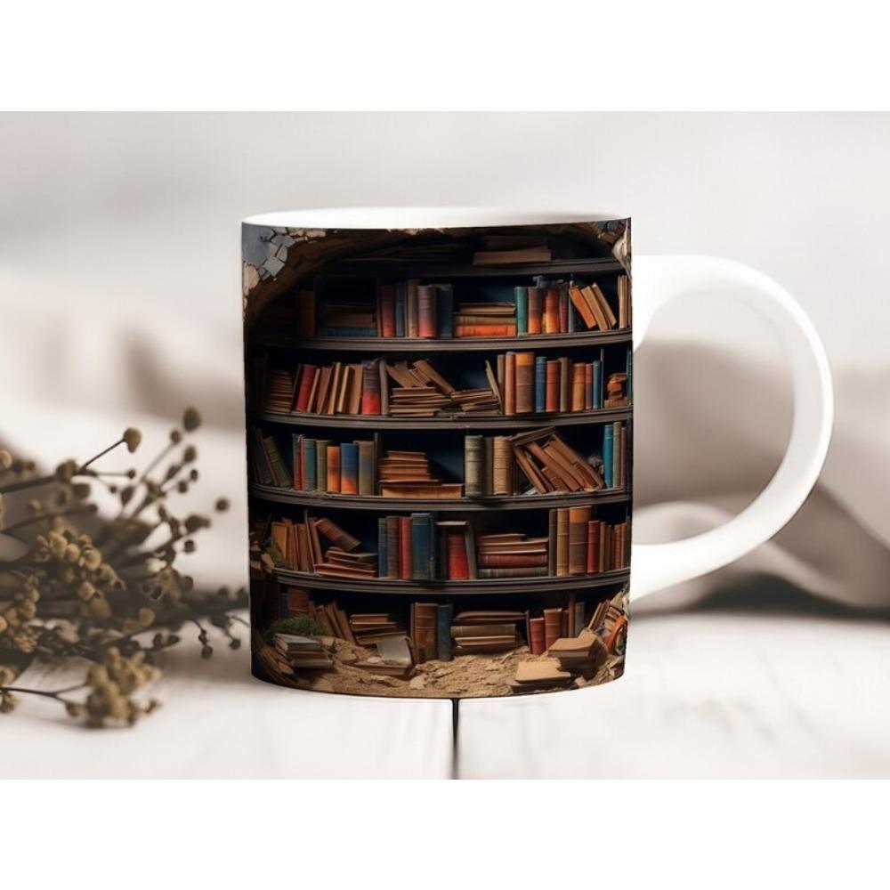 Library ceramic coffee mug bookshelf book fan tea cup reading
