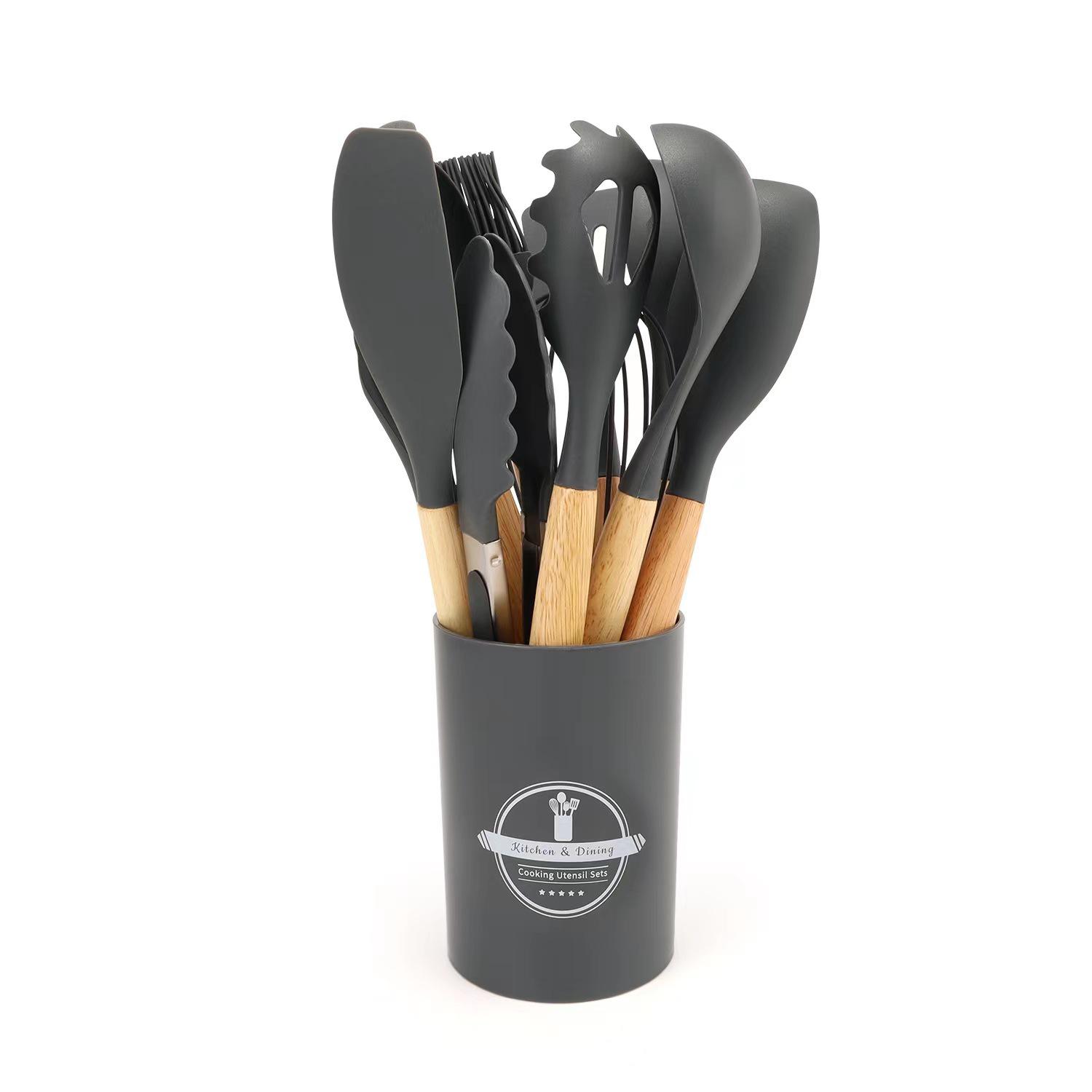 

12-Piece Silicone Kitchen Utensil Set: Wooden Handle Spatula & Ladle with Storage Bucket