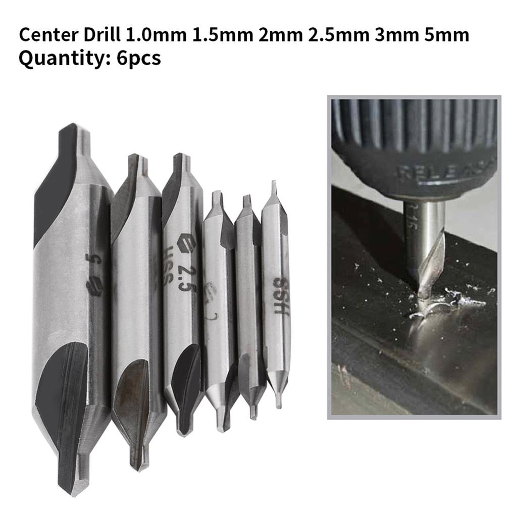6pcs 1/1.5/2/2.5/3/5mm 60 Degree HSS Center Drill Bits Centering Drills Set