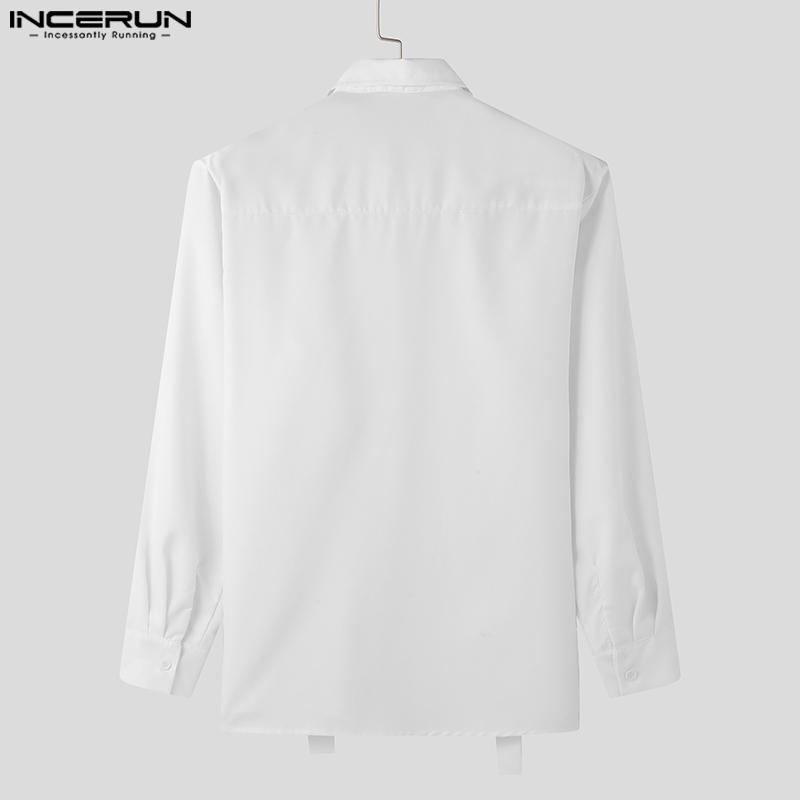 INCERUN Oversized Men Lapel Neck Long Sleeve Buttons Shirts Ribbon Patchwork Tops