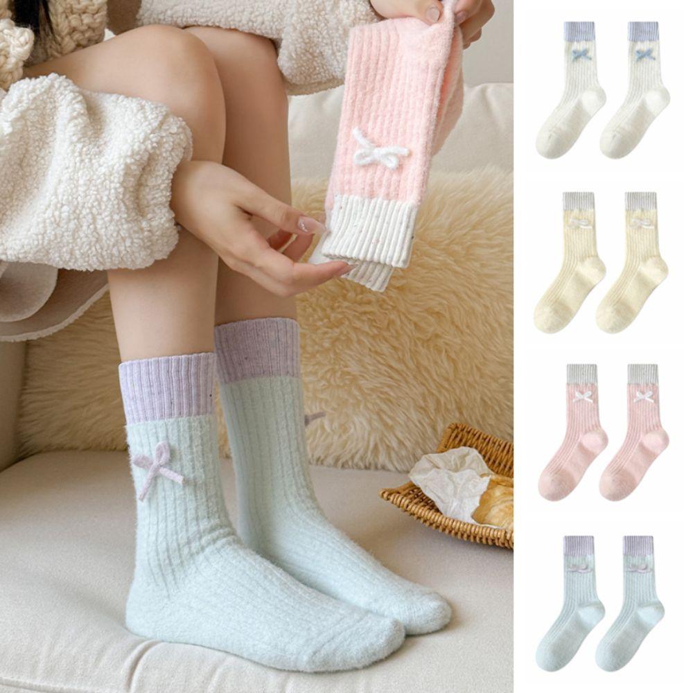 Soft Plush Sleep Socks Bowknot Warm Home Socks Simple Middle Tube Socks  Cold Weather